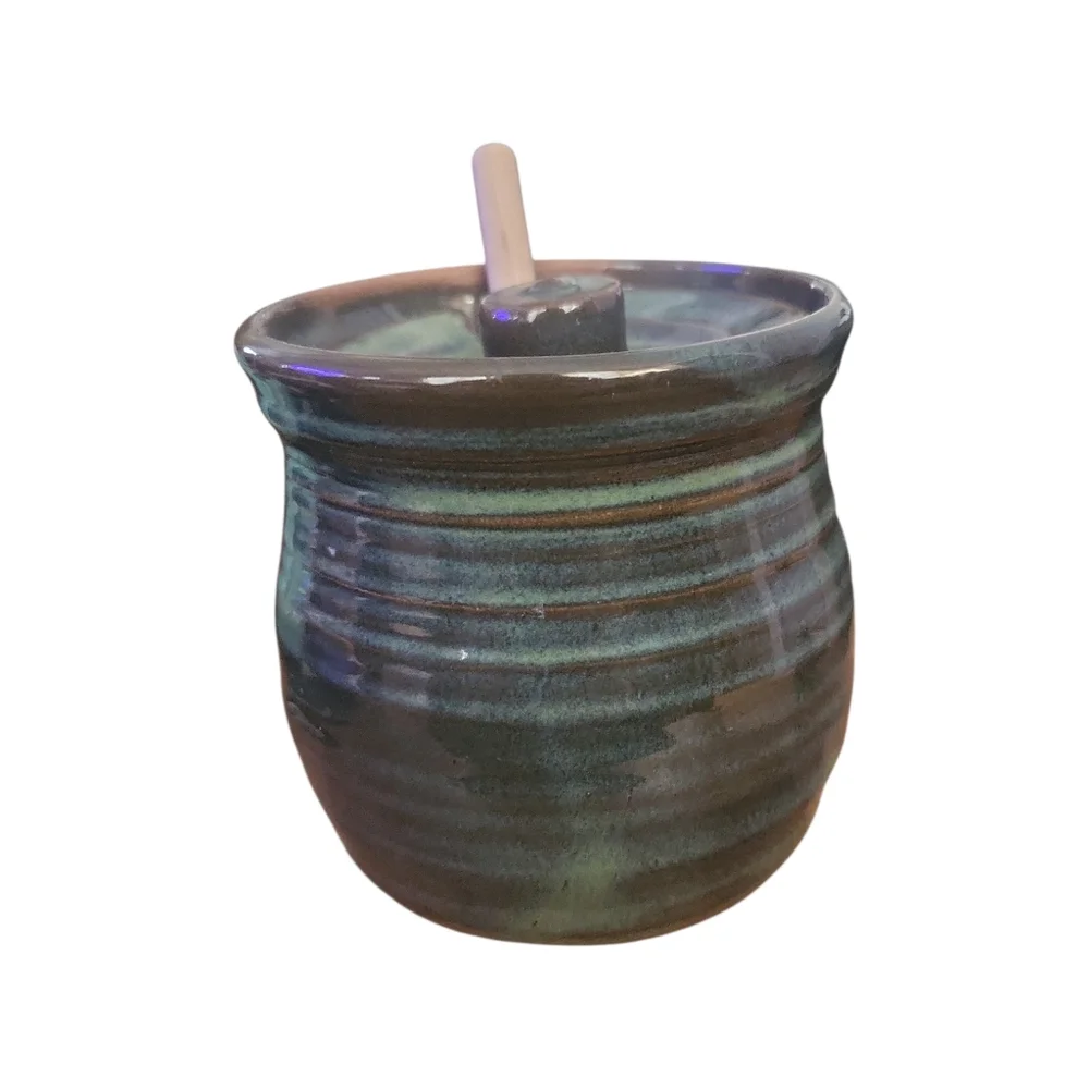 Artisan Handmade Stoneware Pottery Bee Honey Pot & Dipper